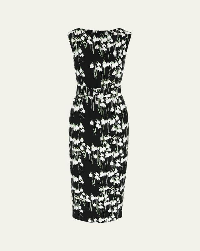 Flower-Print Boat-Neck Belted Midi Dress
